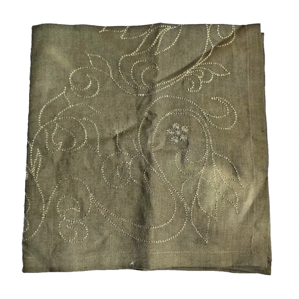 KIM SEYBERT SET OF 3 LINEN NAPKINS GREEN GOLD EMBROIDERED BEADED FLORAL NEW